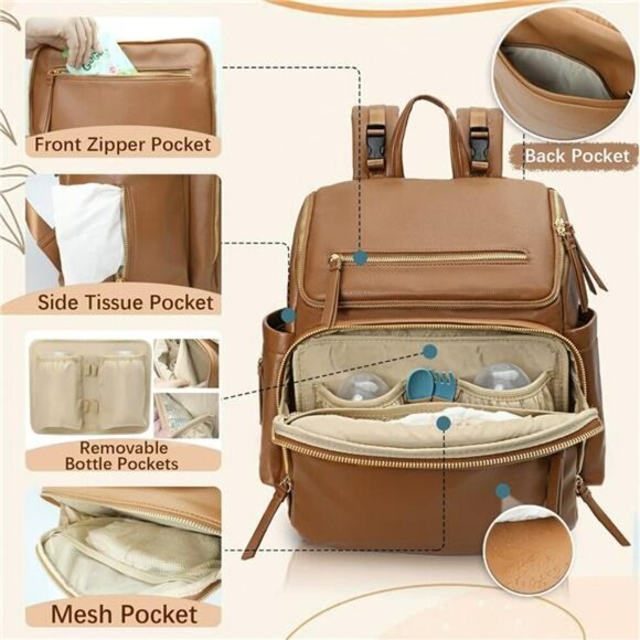 Leather Diaper Bag Backpack Large Baby Bag with Insulated Pockets Brown - Picture 3 of 7